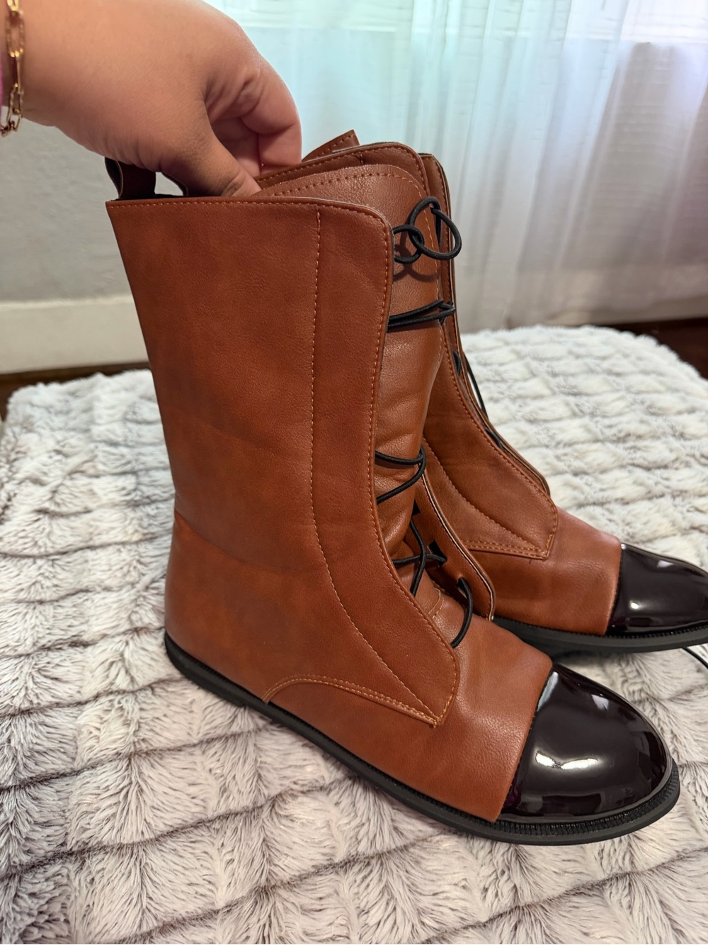 New Ali-Express SHENGY Patent Leather British Style Flat Boots Brown